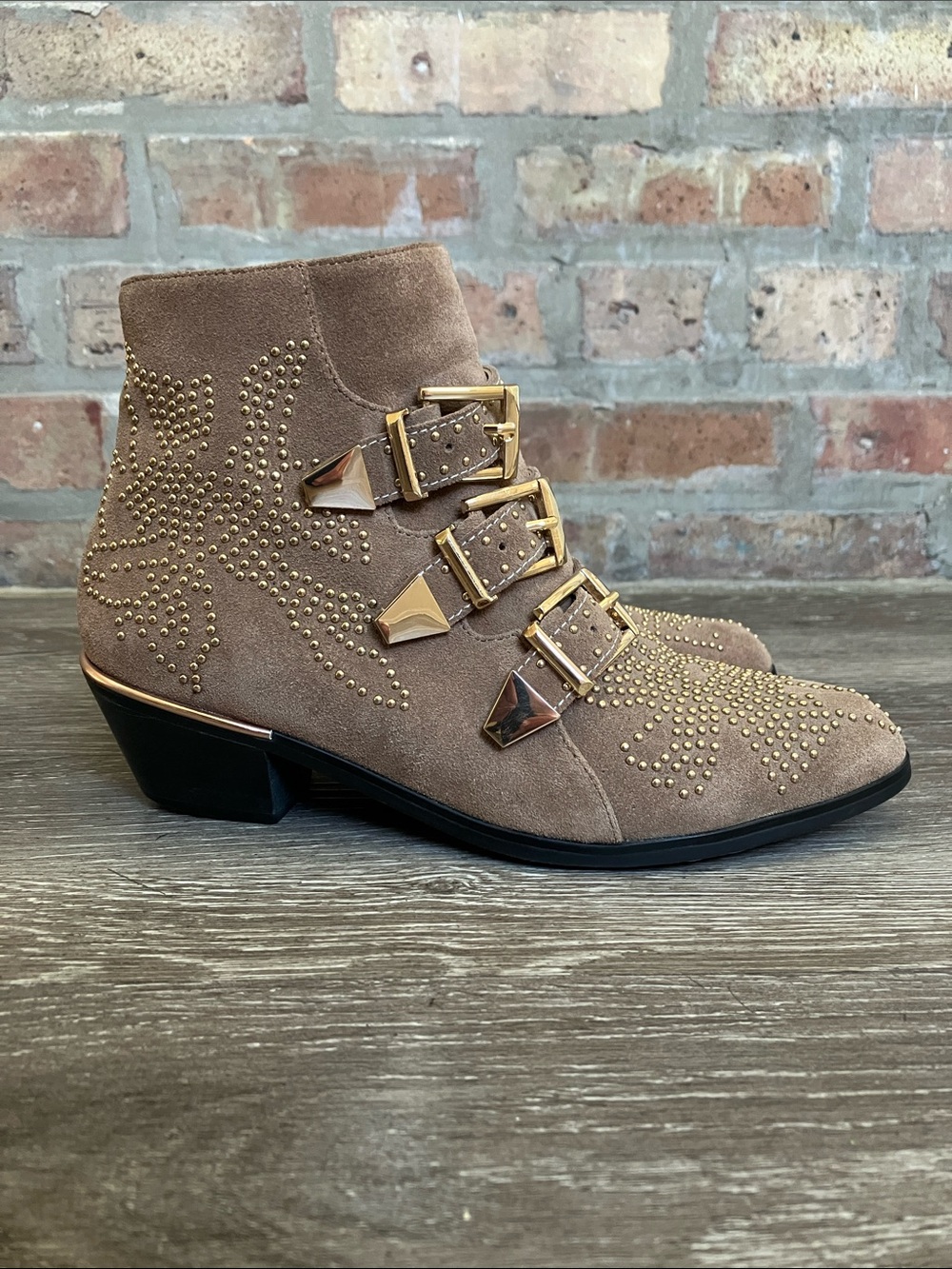 Taupe Suede Studded Ankle Boots with Gold Buckles